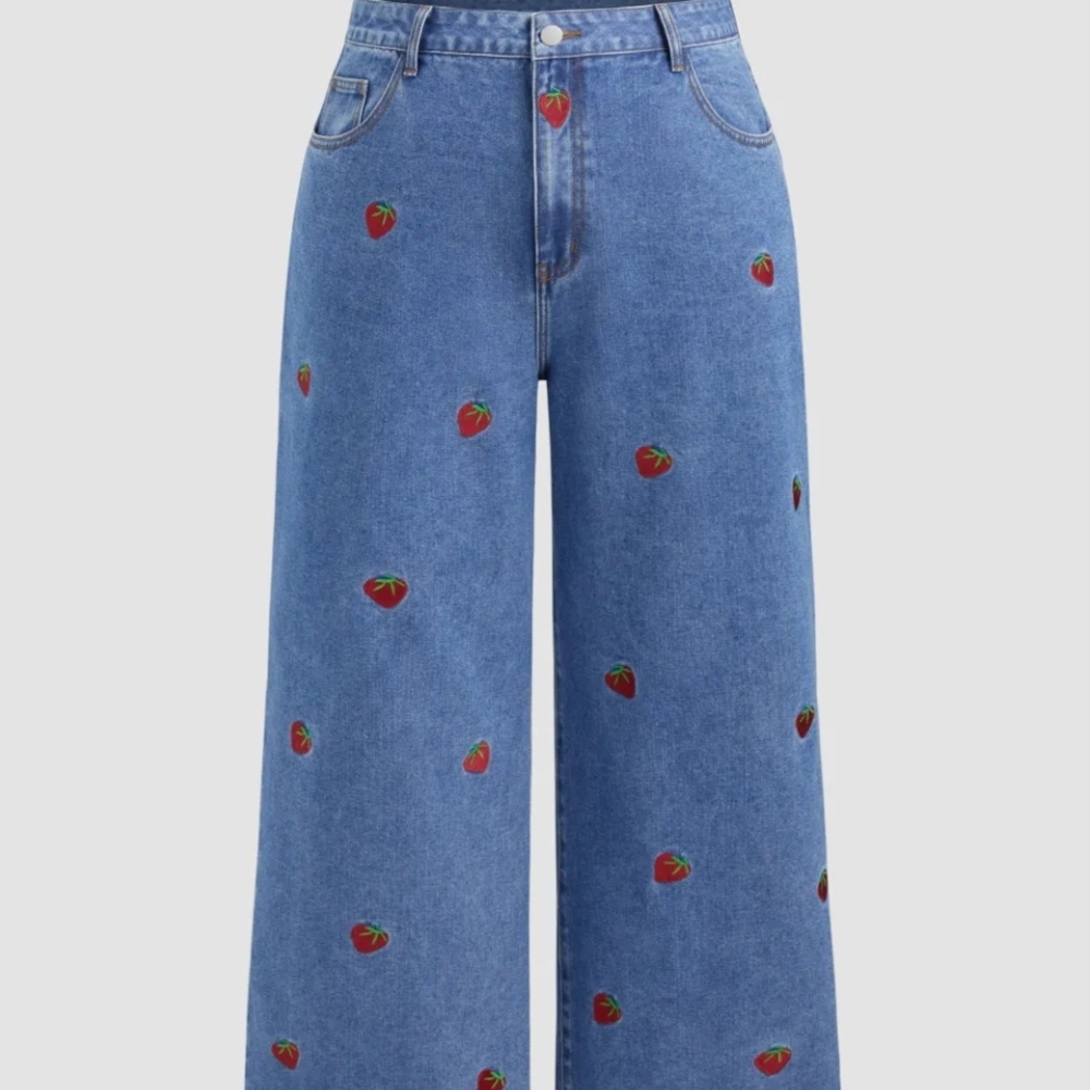 🍓🍓Cider Wide-Leg Jeans Size 4X with Red Strawberry Embroidery 🍓NWT